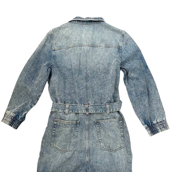 Alice + Olivia Distressed Etha Chambray Denim Jumpsuit - Tie Waist - Blue - 30 - Picture 8 of 12